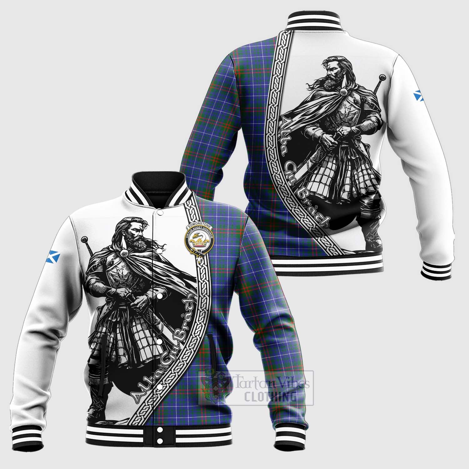 Edmonstone Tartan Clan Crest Baseball Jacket with Highlander Warrior Celtic Style Unisex - Tartan Vibes Clothing