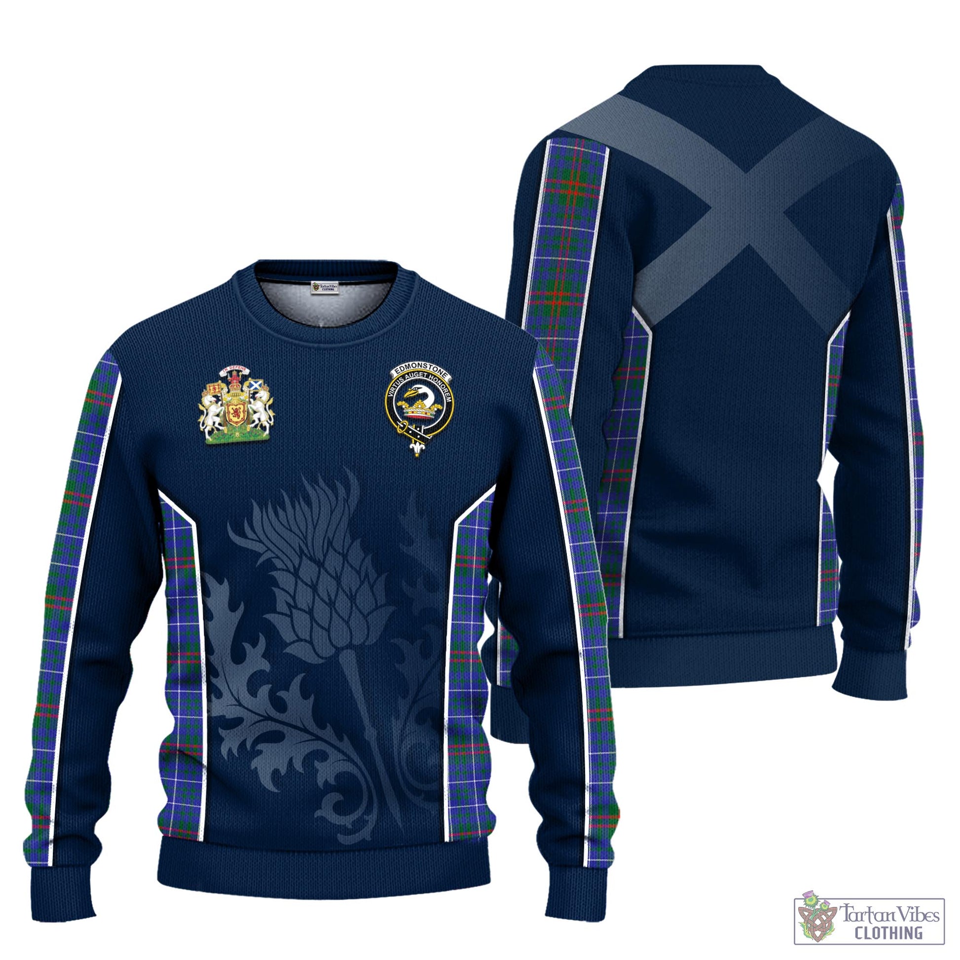 Edmonstone Tartan Knitted Sweatshirt with Family Crest and Scottish Thistle Vibes Sport Style Unisex - Tartan Vibes Clothing