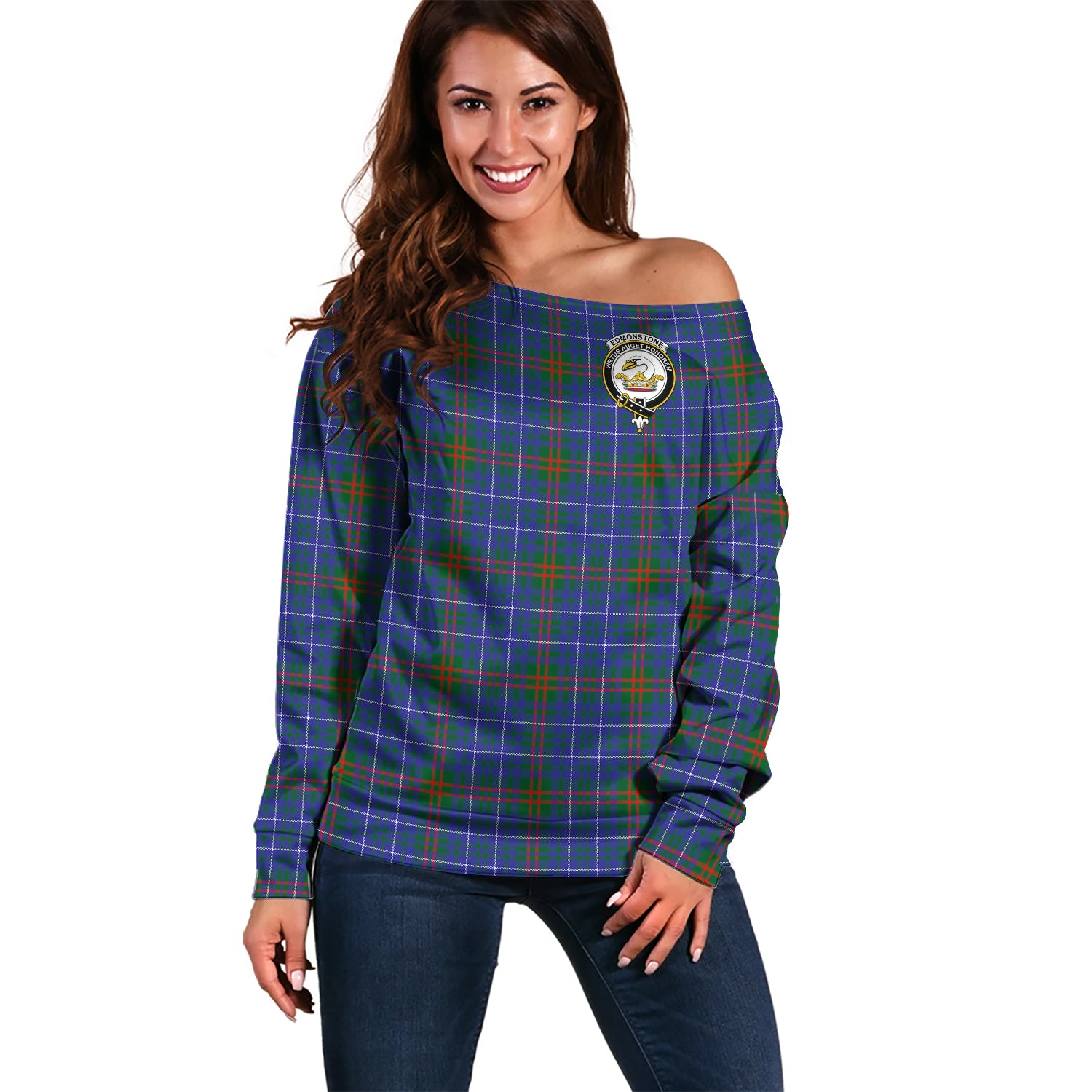 Edmonstone Tartan Off Shoulder Women Sweater with Family Crest Women - Tartan Vibes Clothing