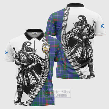 Edmonstone Tartan Clan Crest Zipper Polo Shirt with Highlander Warrior Celtic Style Unisex - Tartan Vibes Clothing