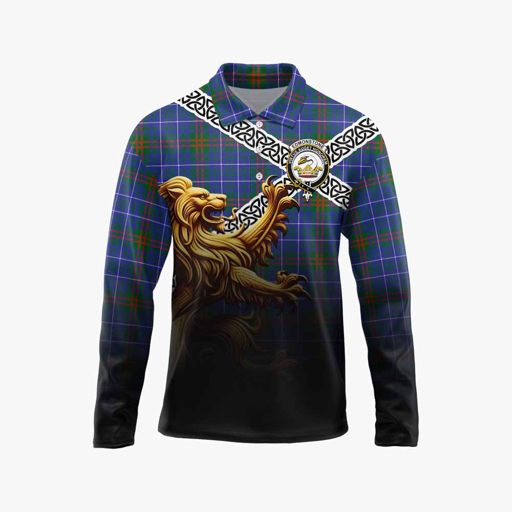 Edmonstone Crest Tartan Long Sleeve Polo Shirt with Golden Lion Emblem Celtic Style Unisex - Tartan Vibes Clothing
