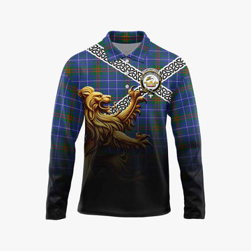 Edmonstone Crest Tartan Long Sleeve Polo Shirt with Golden Lion Emblem Celtic Style Unisex - Tartan Vibes Clothing