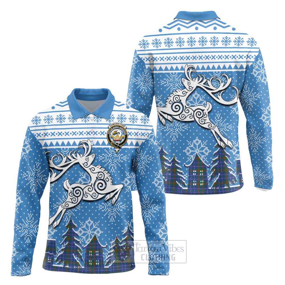 Tartan Vibes Clothing Edmonstone Clan Christmas Long Sleeve Polo Shirt Celtic Reindeer Style