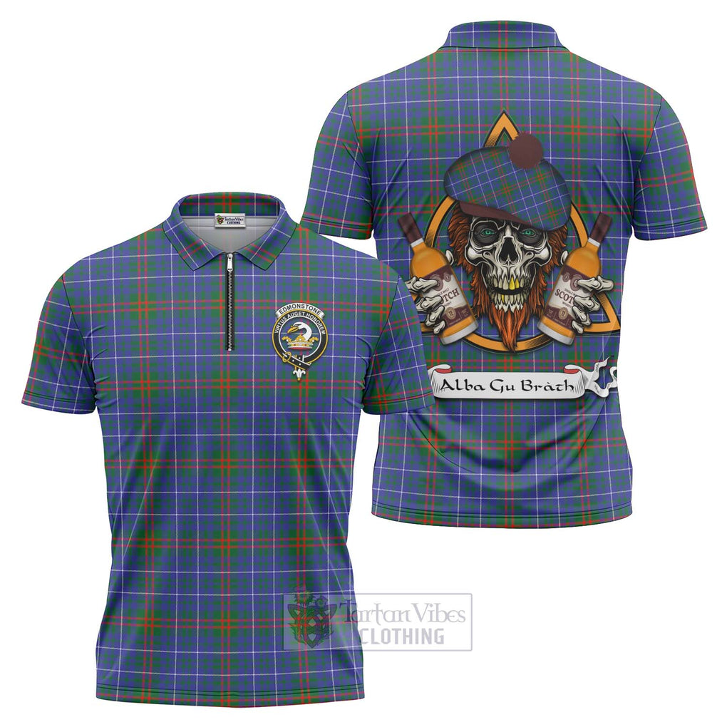 Tartan Vibes Clothing Edmonstone Tartan Zipper Polo Shirt with Family Crest and Bearded Skull Holding Bottles of Whiskey