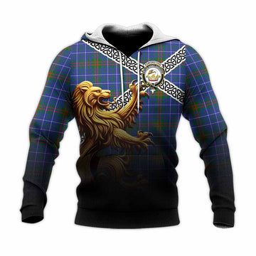 Edmonstone Crest Tartan Knitted Hoodie with Golden Lion Emblem Celtic Style Unisex Knitted Pullover Hoodie - Tartan Vibes Clothing