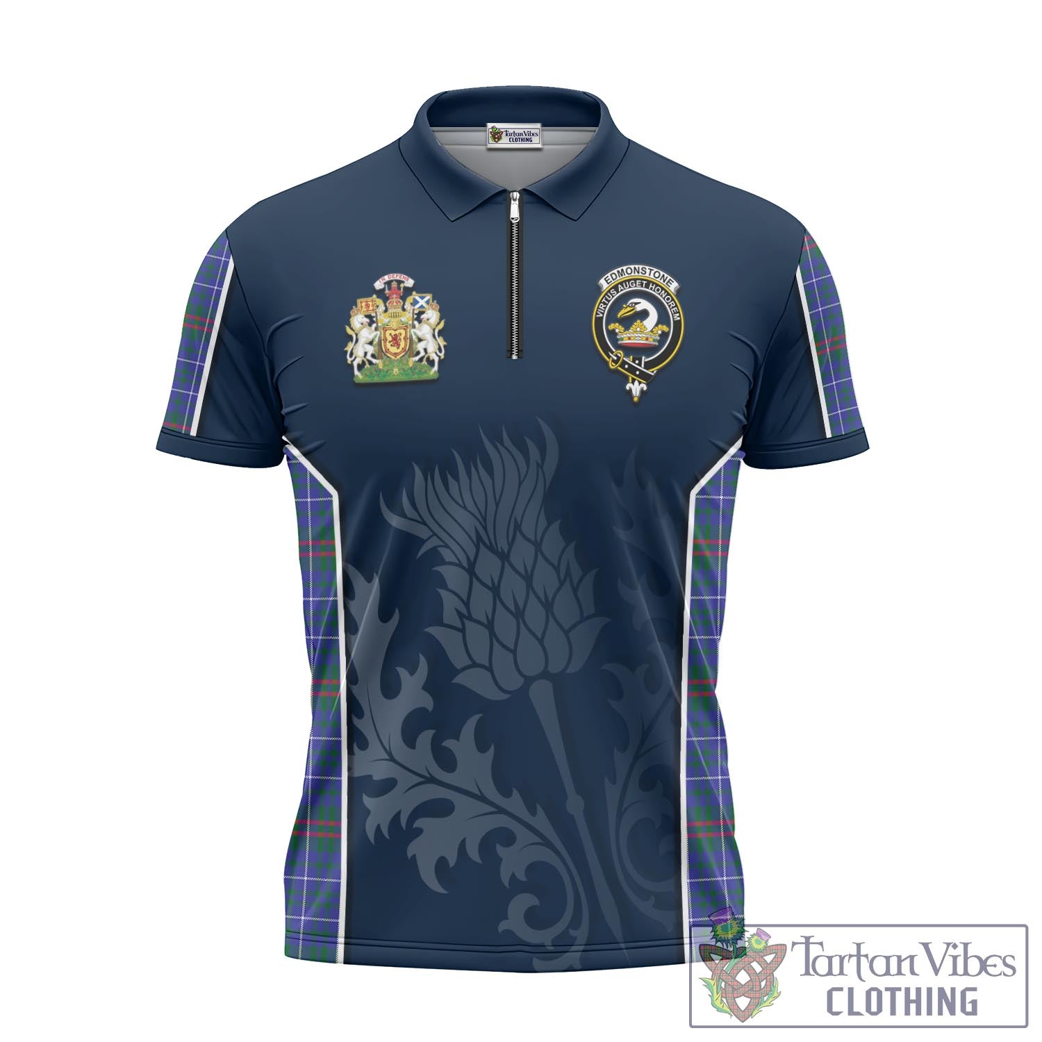 Tartan Vibes Clothing Edmonstone Tartan Zipper Polo Shirt with Family Crest and Scottish Thistle Vibes Sport Style