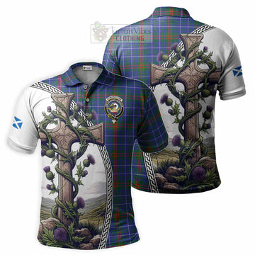 Edmonstone Tartan Polo Shirt with Family Crest and St. Andrew's Cross Accented by Thistle Vines Kid - Tartan Vibes Clothing