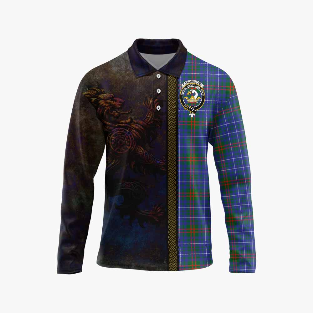 Tartan Vibes Clothing Edmonstone Tartan Family Crest Long Sleeve Polo Shirt Alba Gu Brath Be Brave Lion Ancient Style