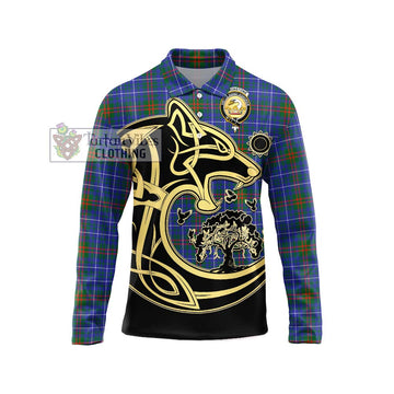 Edmonstone Tartan Long Sleeve Polo Shirt with Family Crest Celtic Wolf Style Unisex - Tartan Vibes Clothing