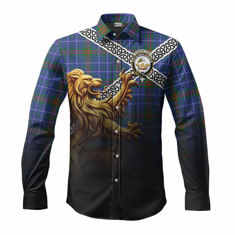 Edmonstone Crest Tartan Long Sleeve Button Shirt with Golden Lion Emblem Celtic Style Men's Shirt S - Tartan Vibes Clothing
