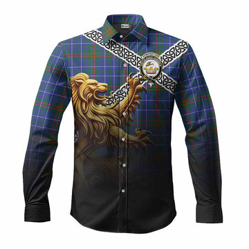 Edmonstone Crest Tartan Long Sleeve Button Shirt with Golden Lion Emblem Celtic Style Men's Shirt S - Tartan Vibes Clothing