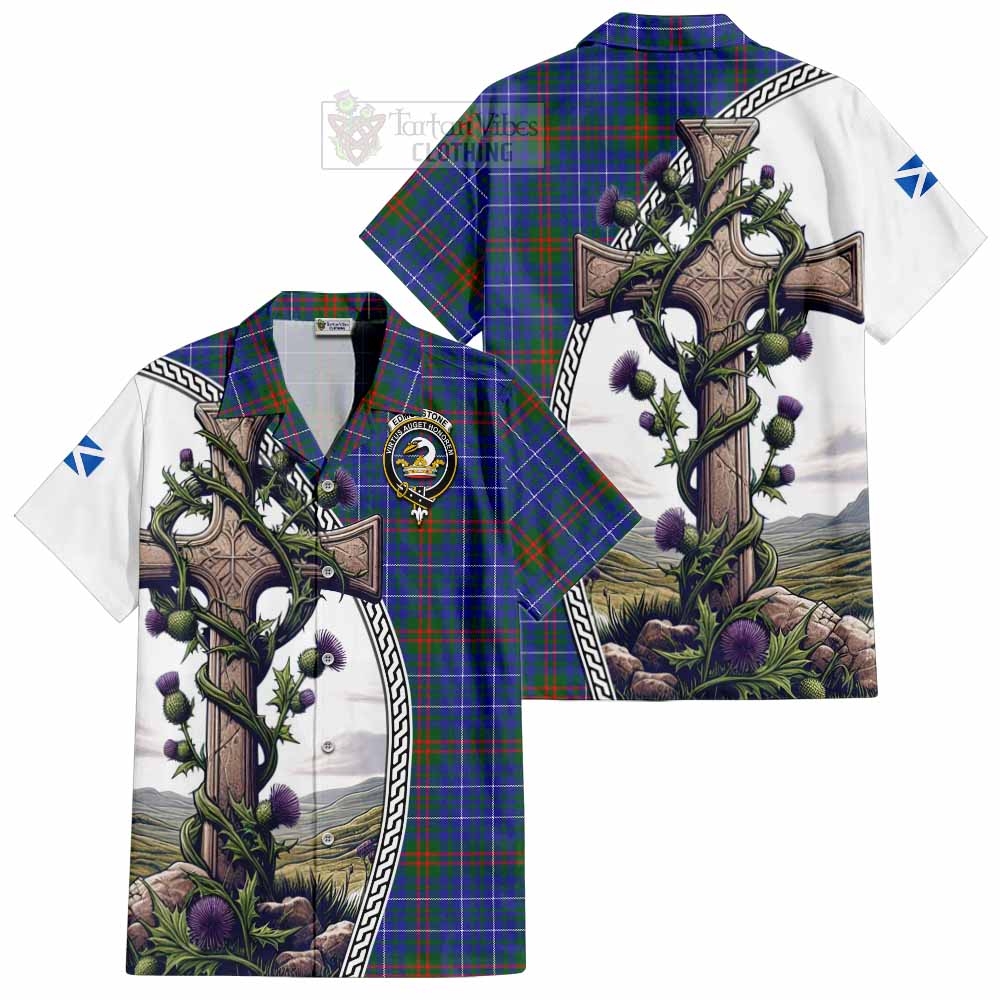 Edmonstone Tartan Hawaiian Shirt with Family Crest and St. Andrew's Cross Accented by Thistle Vines Kid - Tartan Vibes Clothing