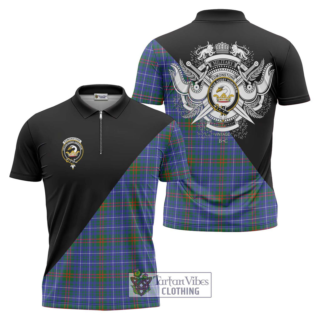 Edmonstone Tartan Zipper Polo Shirt with Family Crest and Military Logo Style Unisex - Tartanvibesclothing Shop