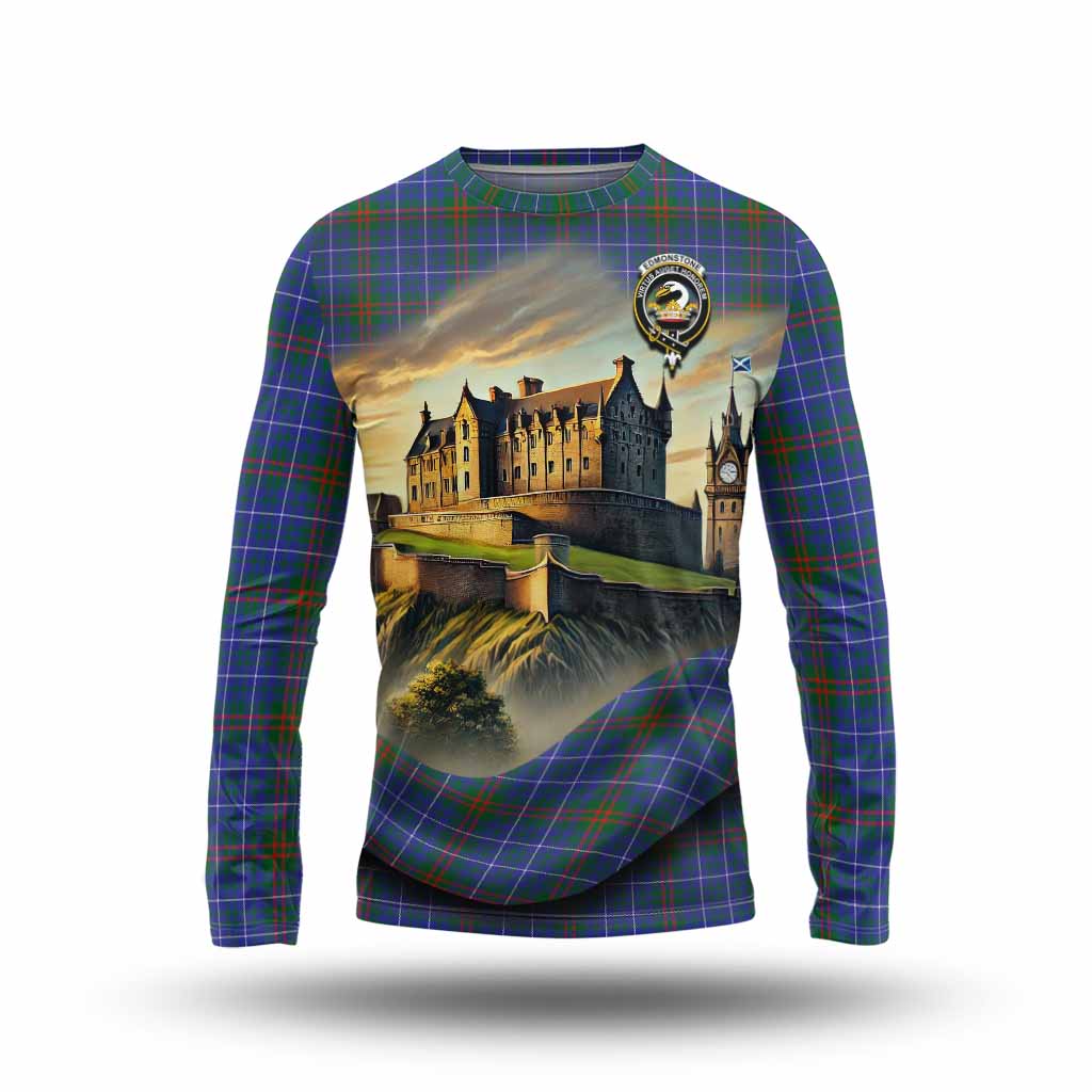 Edmonstone Tartan Family Crest Long Sleeve T-Shirt with Scottish Ancient Castle Style Unisex - Tartan Vibes Clothing
