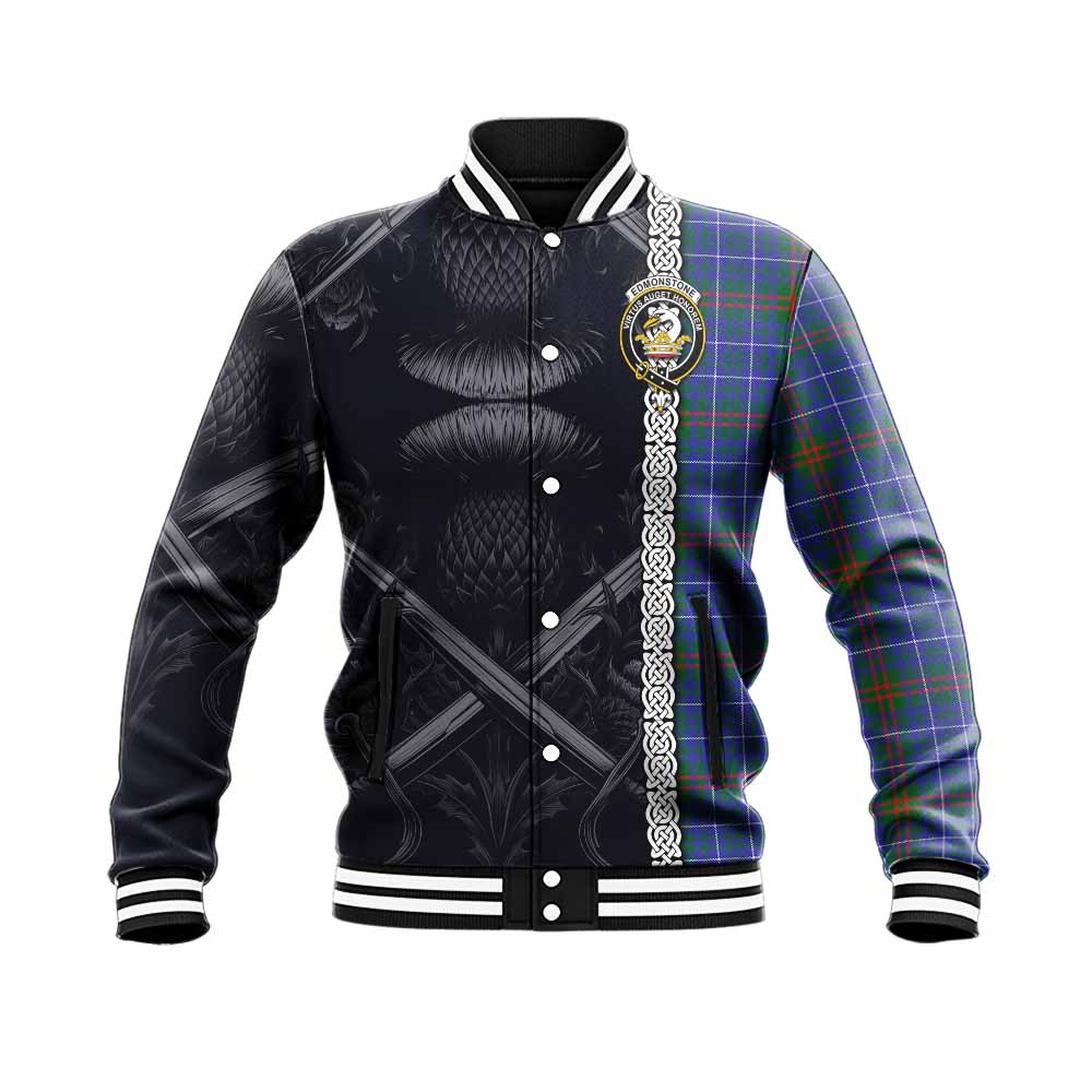 Edmonstone Tartan Baseball Jacket with Family Crest Cross Sword Thistle Celtic Vibes Unisex - Tartan Vibes Clothing