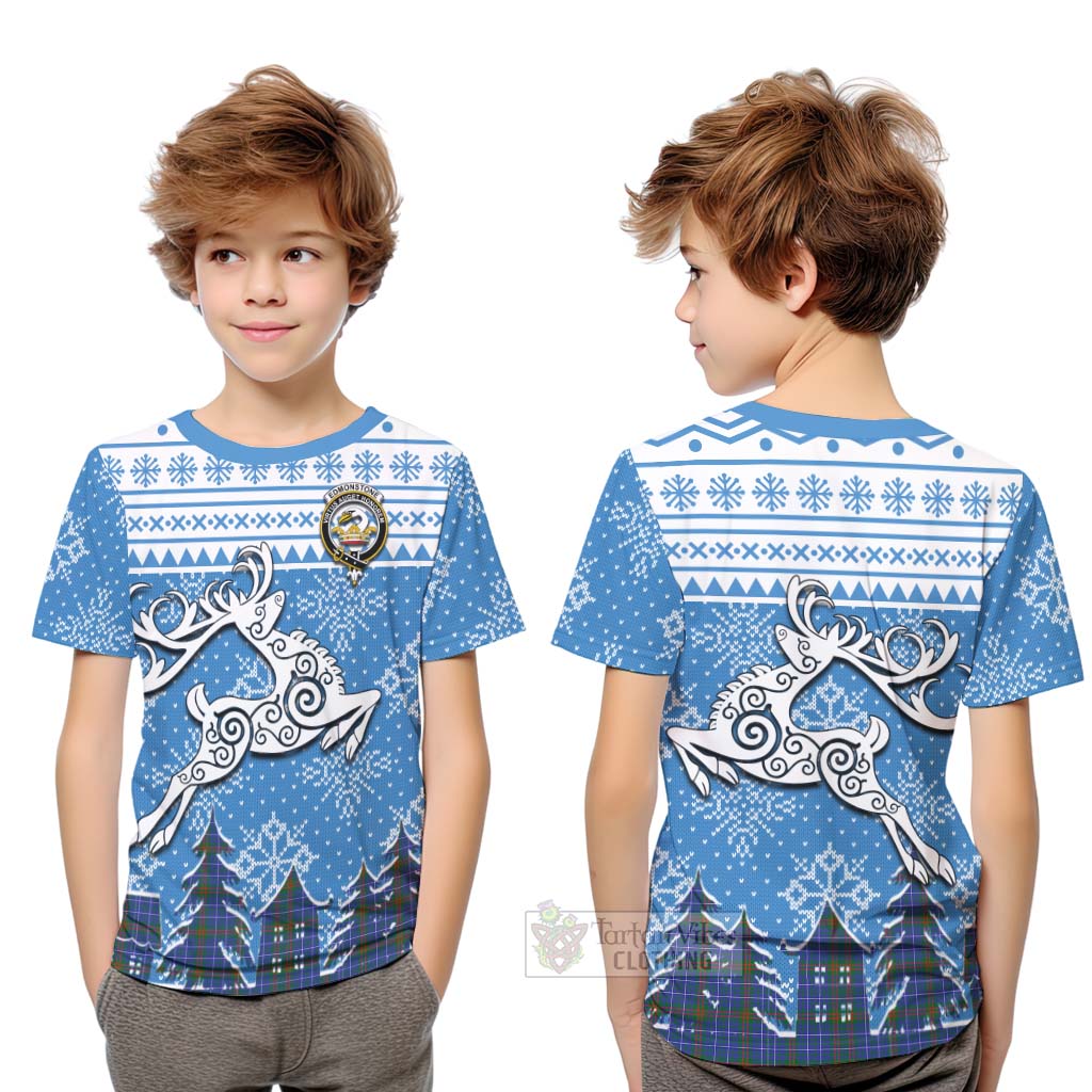 Tartan Vibes Clothing Edmonstone Clan Christmas Kid T-Shirt Celtic Reindeer Style
