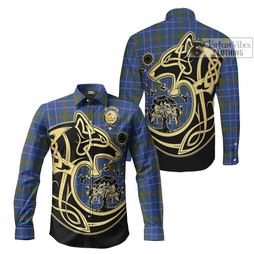 Edmonstone Tartan Long Sleeve Button Shirt with Family Crest Celtic Wolf Style Men's Shirt S - Tartan Vibes Clothing