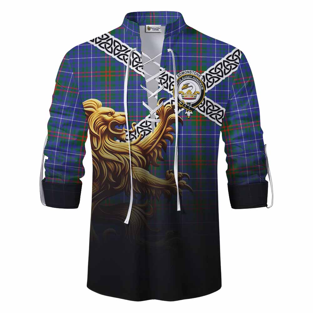 Edmonstone Crest Tartan Ghillie Kilt Shirt with Golden Lion Emblem Celtic Style Men - Tartan Vibes Clothing
