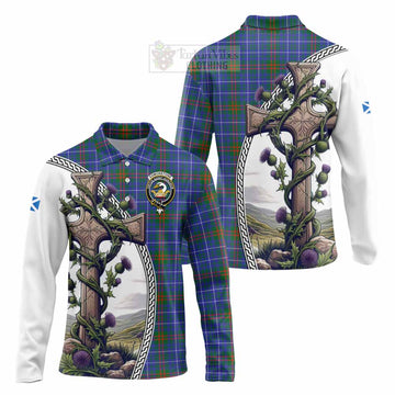 Edmonstone Tartan Long Sleeve Polo Shirt with Family Crest and St. Andrew's Cross Accented by Thistle Vines Unisex - Tartan Vibes Clothing
