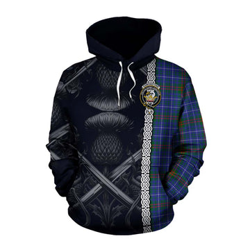 Edmonstone Tartan Cotton Hoodie with Family Crest Cross Sword Thistle Celtic Vibes Pullover Hoodie XS - Tartan Vibes Clothing