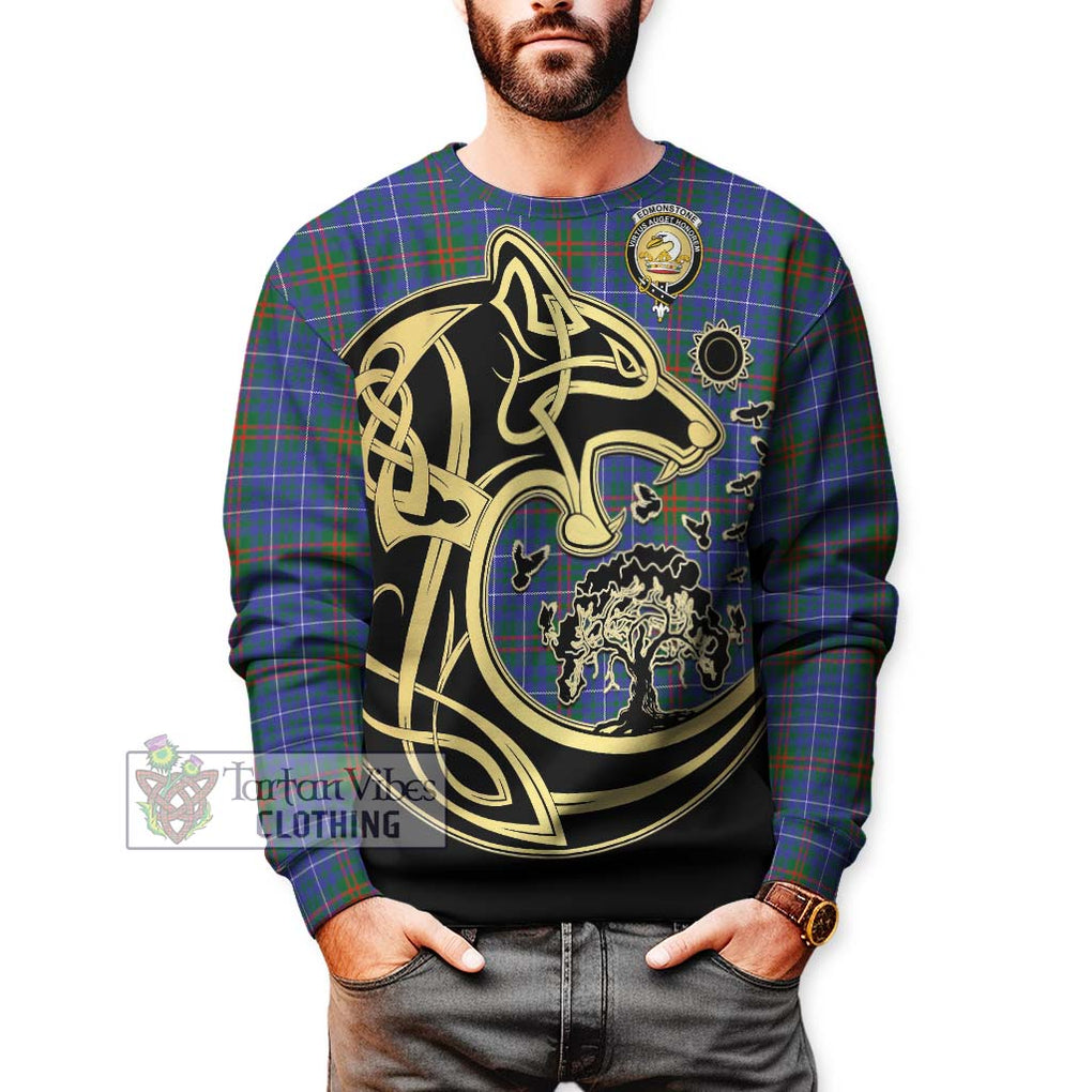 Edmonstone Tartan Sweatshirt with Family Crest Celtic Wolf Style Unisex - Tartan Vibes Clothing