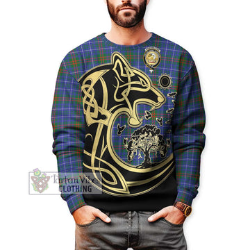 Edmonstone Tartan Sweatshirt with Family Crest Celtic Wolf Style Unisex - Tartan Vibes Clothing