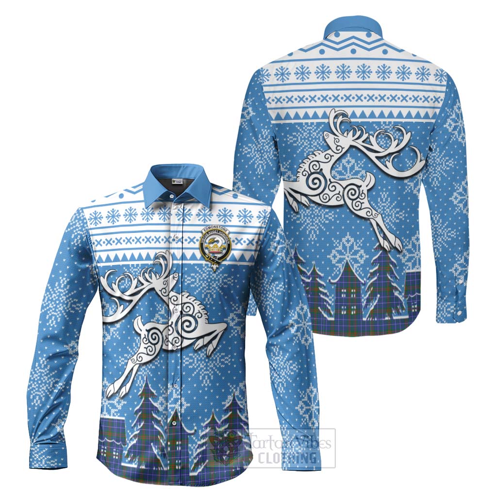Tartan Vibes Clothing Edmonstone Clan Christmas Long Sleeve Button Shirt Celtic Reindeer Style