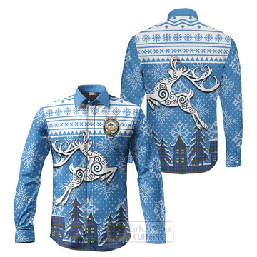 Edmonstone Clan Christmas Long Sleeve Button Shirt Celtic Reindeer Style