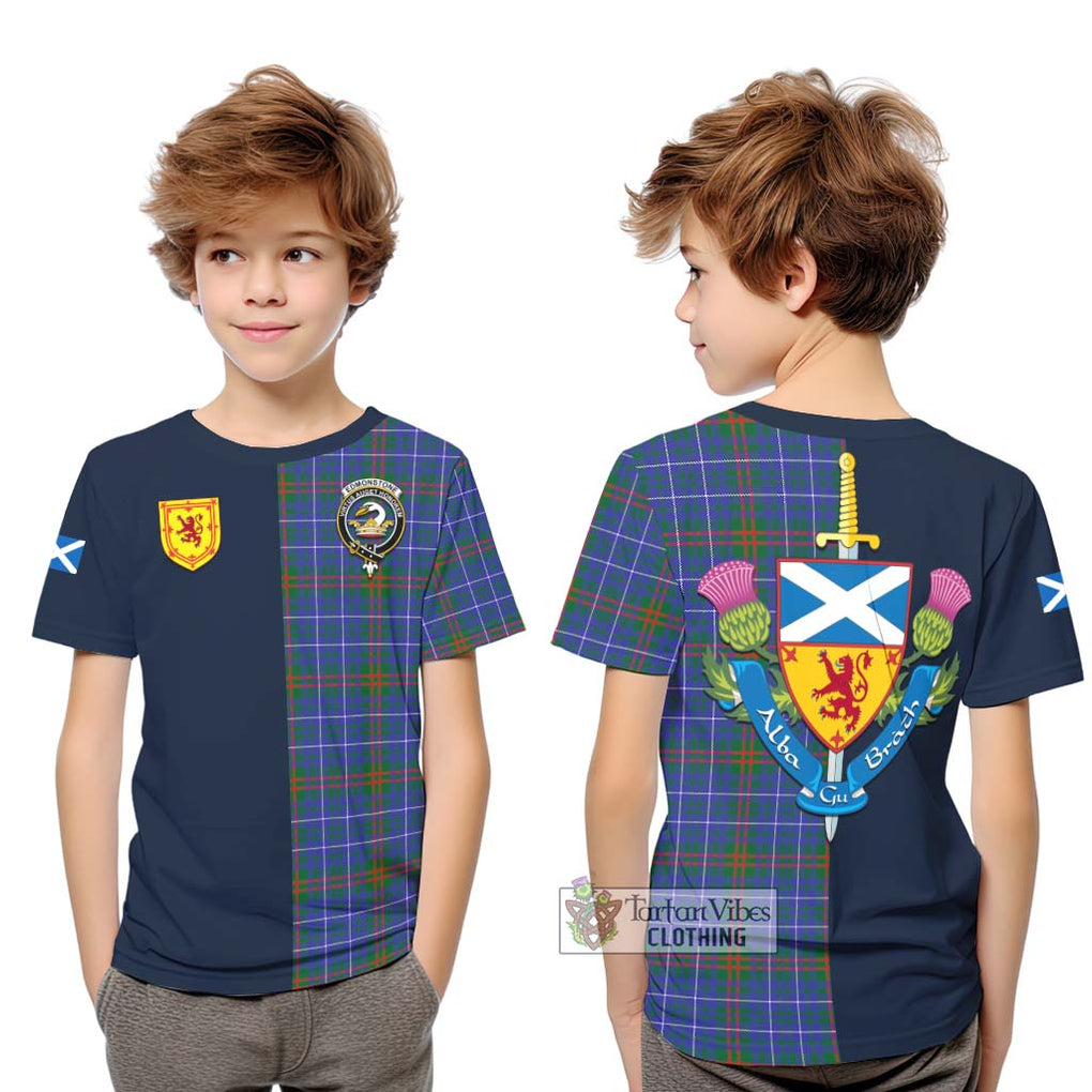 Edmonstone Tartan Kid T-Shirt Alba with Scottish Lion Royal Arm Half Style Youth XL Size14 - Tartan Vibes Clothing