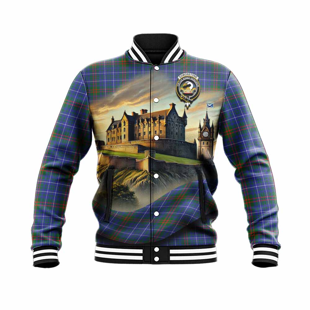 Edmonstone Tartan Family Crest Baseball Jacket with Scottish Ancient Castle Style Unisex - Tartan Vibes Clothing