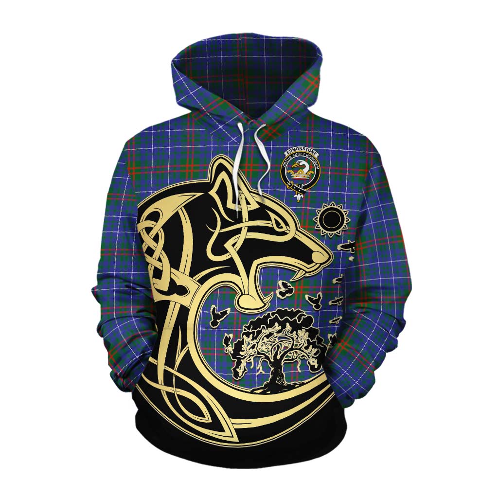 Edmonstone Tartan Cotton Hoodie with Family Crest Celtic Wolf Style Pullover Hoodie XS - Tartan Vibes Clothing