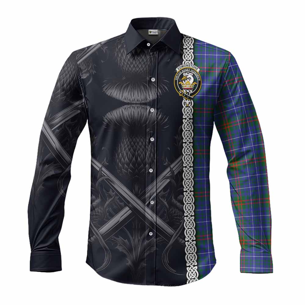 Tartan Vibes Clothing Edmonstone Tartan Long Sleeve Button Shirt with Family Crest Cross Sword Thistle Celtic Vibes