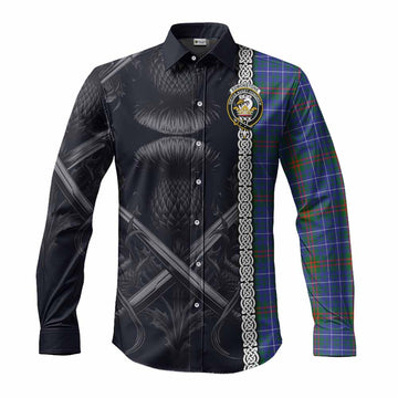 Tartan Vibes Clothing Edmonstone Tartan Long Sleeve Button Shirt with Family Crest Cross Sword Thistle Celtic Vibes