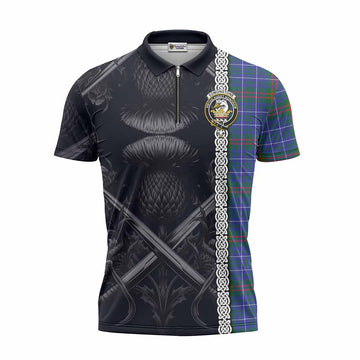 Edmonstone Tartan Zipper Polo Shirt with Family Crest Cross Sword Thistle Celtic Vibes