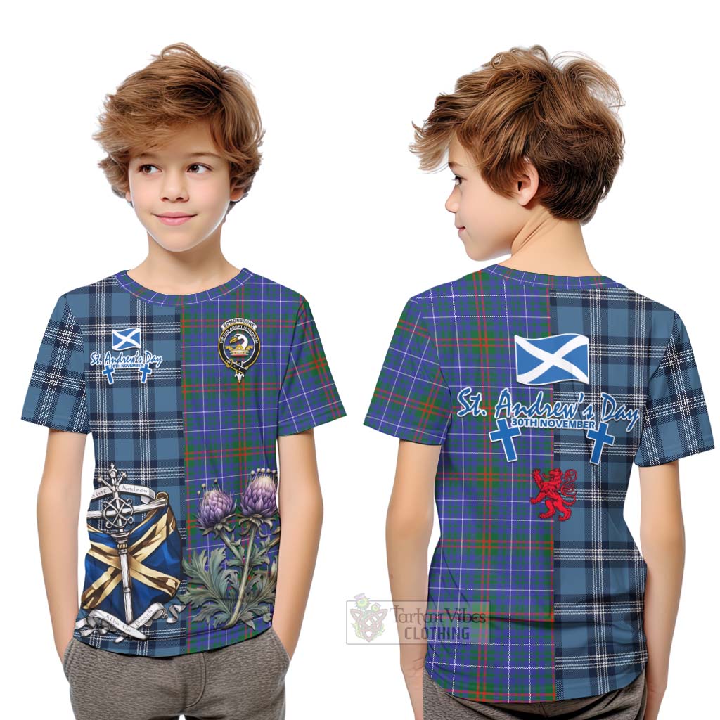 Edmonstone Tartan Kid T-Shirt Happy St. Andrew's Day Half Tartan Style Youth XL Size14 - Tartan Vibes Clothing
