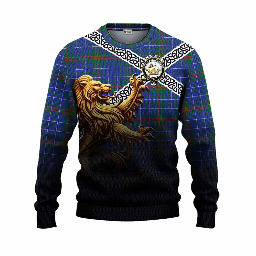 Edmonstone Crest Tartan Knitted Sweater with Golden Lion Emblem Celtic Style Unisex - Tartan Vibes Clothing
