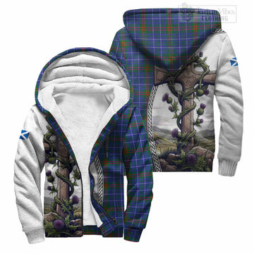 Edmonstone Tartan Sherpa Hoodie with Family Crest and St. Andrew's Cross Accented by Thistle Vines Unisex S - Tartan Vibes Clothing