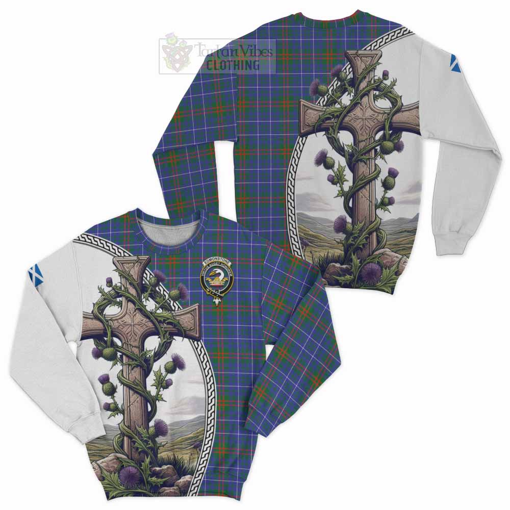 Edmonstone Tartan Sweatshirt with Family Crest and St. Andrew's Cross Accented by Thistle Vines Unisex - Tartan Vibes Clothing