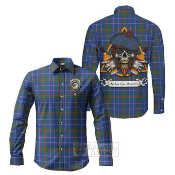 Edmonstone Tartan Long Sleeve Button Shirt with Family Crest and Bearded Skull Holding Bottles of Whiskey Men's Shirt S - Tartan Vibes Clothing