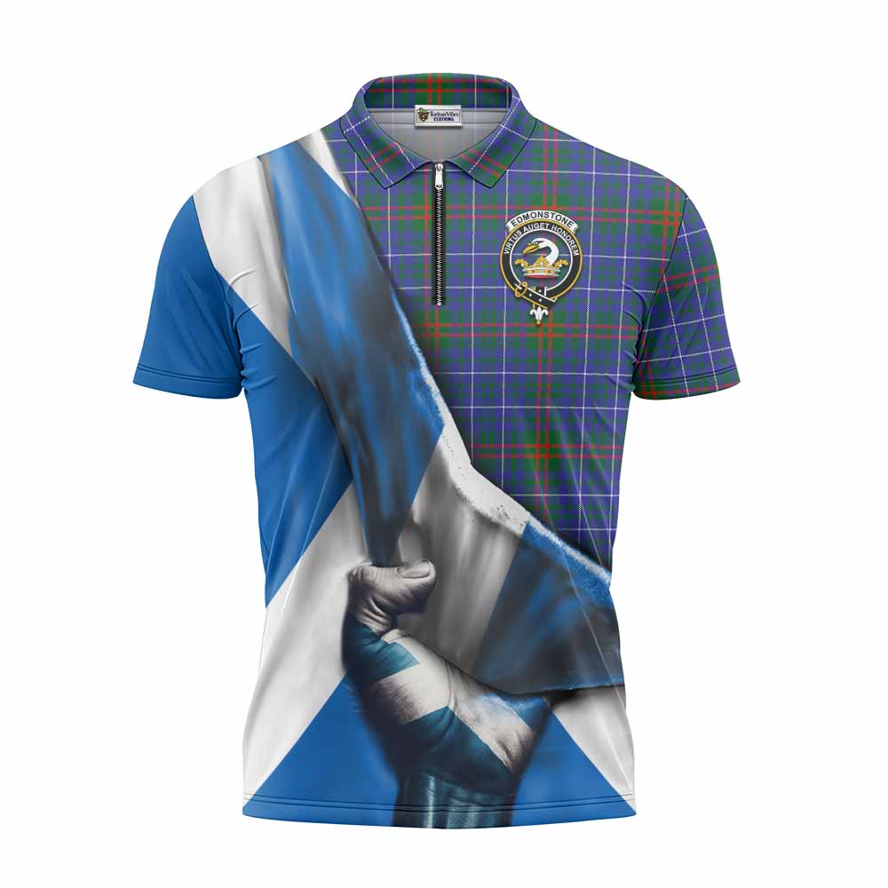 Tartan Vibes Clothing Edmonstone Tartan Zipper Polo Shirt with Family Crest Scotland Patriotic Style