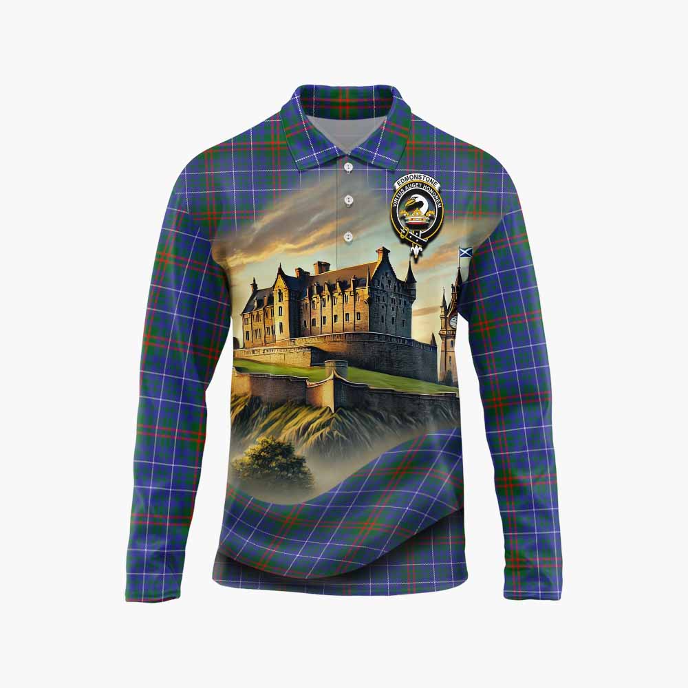 Edmonstone Tartan Family Crest Long Sleeve Polo Shirt with Scottish Ancient Castle Style Unisex - Tartan Vibes Clothing