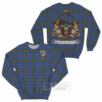 Edmonstone Tartan Sweatshirt with Family Crest and Bearded Skull Holding Bottles of Whiskey Unisex - Tartan Vibes Clothing