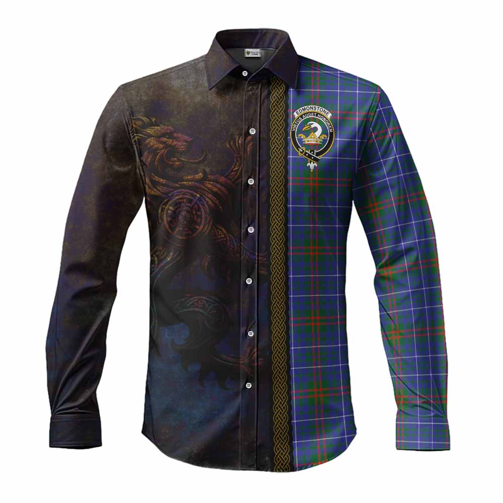 Edmonstone Tartan Family Crest Long Sleeve Button Shirt Alba Gu Brath Be Brave Lion Ancient Style Men's Shirt S - Tartan Vibes Clothing
