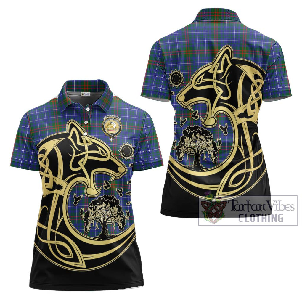 Edmonstone Tartan Women's Polo Shirt with Family Crest Celtic Wolf Style Women - Tartan Vibes Clothing