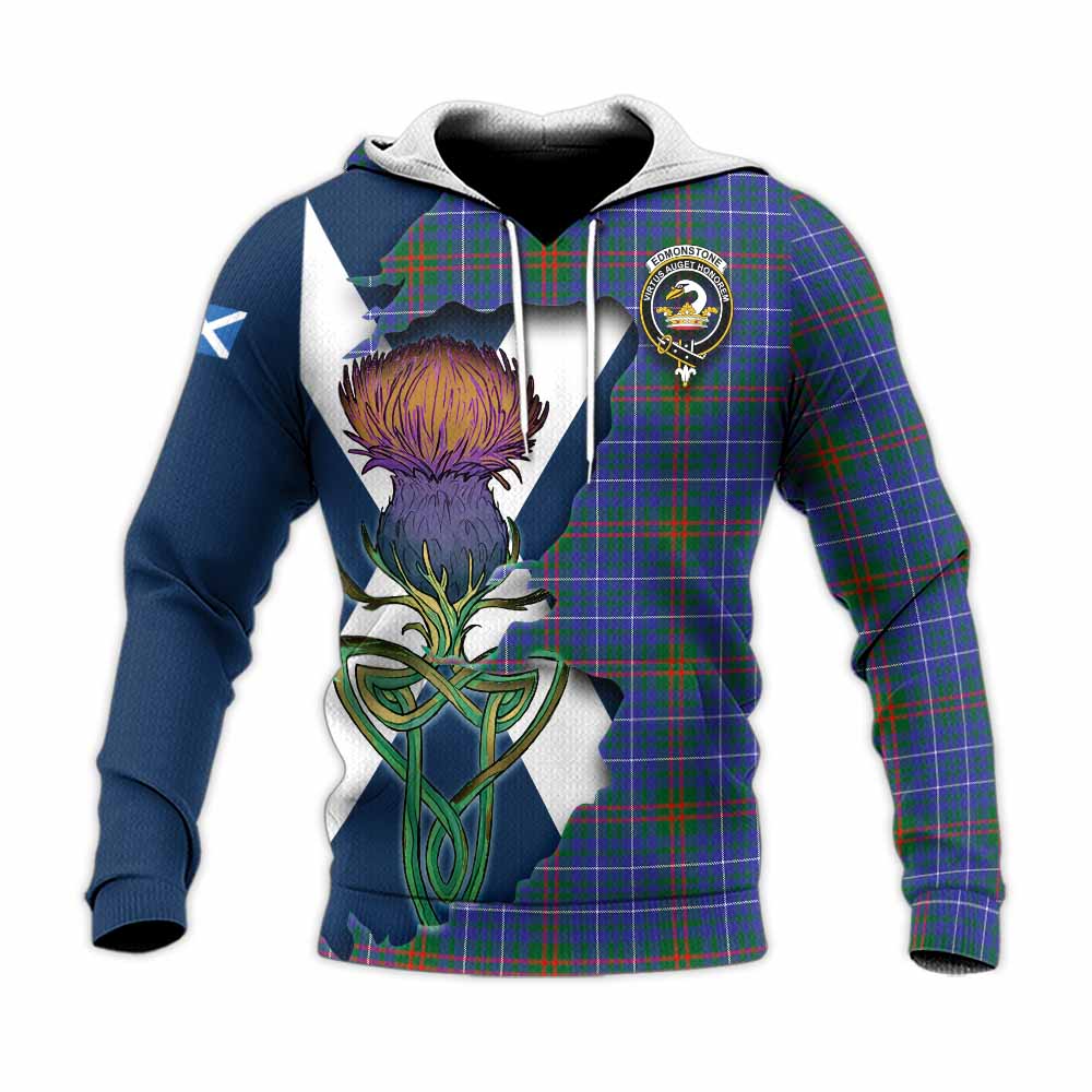 Edmonstone Tartan Family Crest Knitted Hoodie Scottish Thistle Celtic Inspired Unisex Knitted Pullover Hoodie - Tartan Vibes Clothing