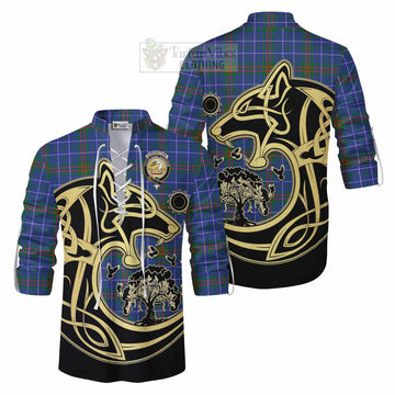 Edmonstone Tartan Ghillie Kilt Shirt with Family Crest Celtic Wolf Style Men - Tartan Vibes Clothing