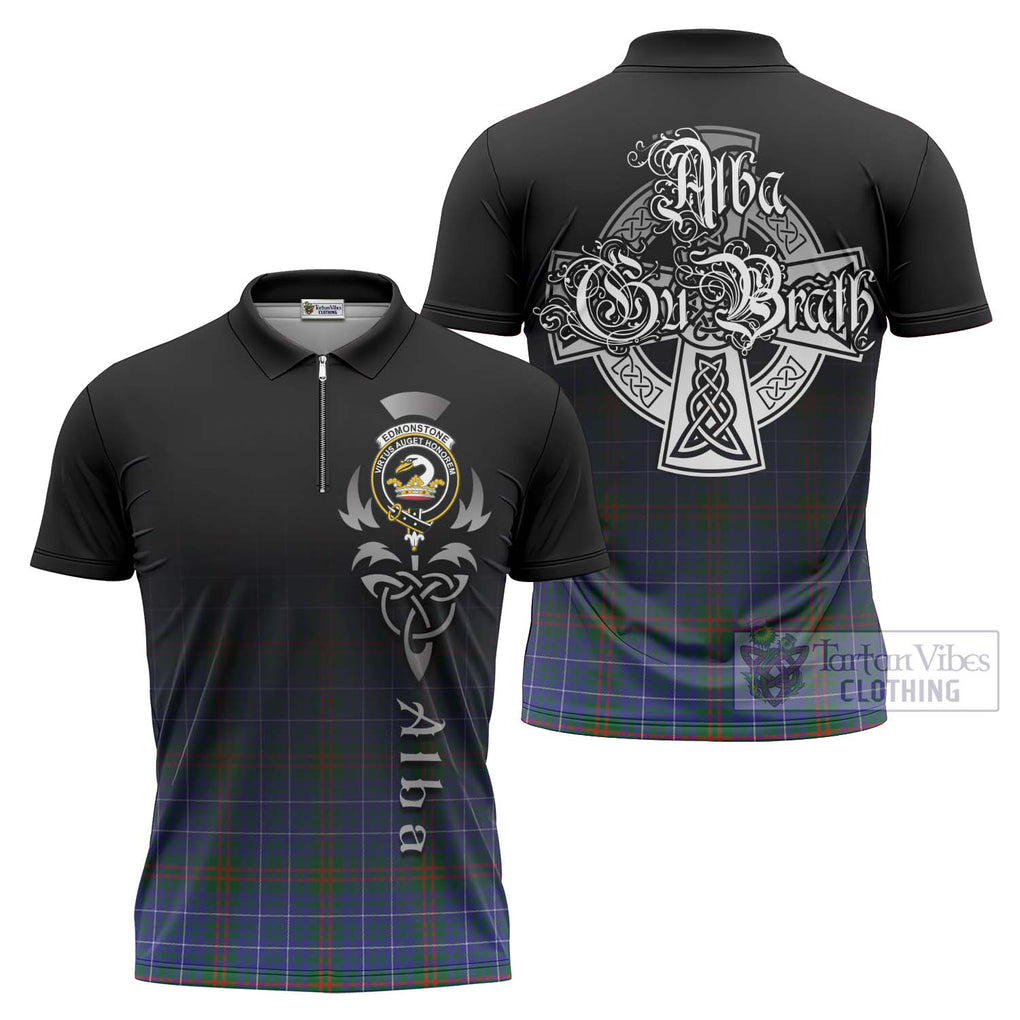 Edmonstone Tartan Zipper Polo Shirt Featuring Alba Gu Brath Family Crest Celtic Inspired Unisex - Tartan Vibes Clothing