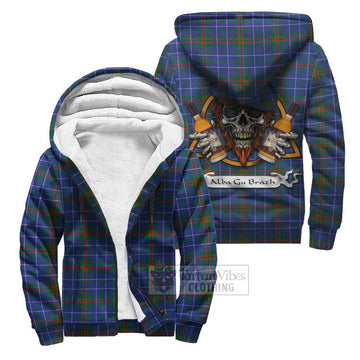 Edmonstone Tartan Sherpa Hoodie with Family Crest and Bearded Skull Holding Bottles of Whiskey Unisex S - Tartan Vibes Clothing