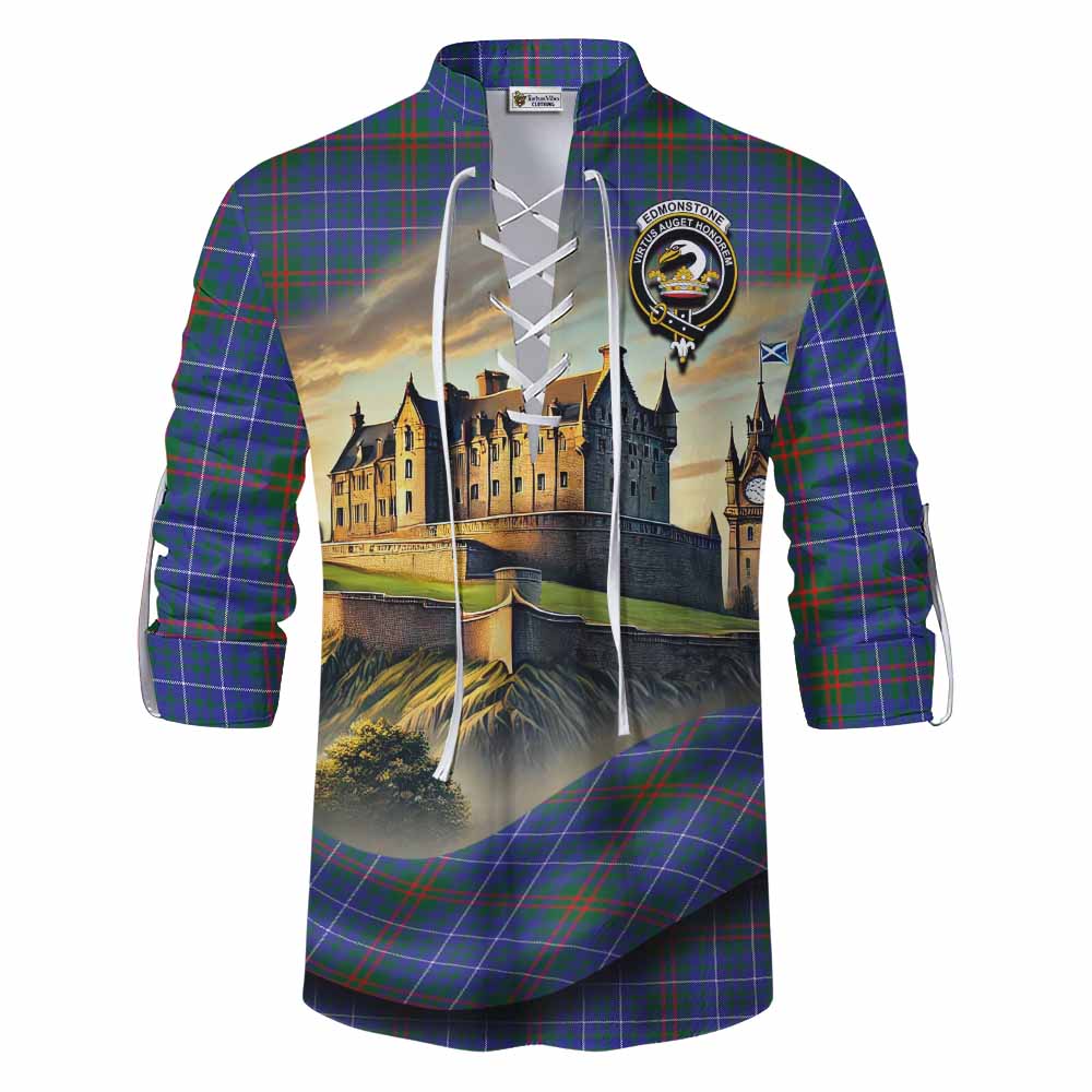 Edmonstone Tartan Family Crest Ghillie Kilt Shirt with Scottish Ancient Castle Style Men - Tartan Vibes Clothing
