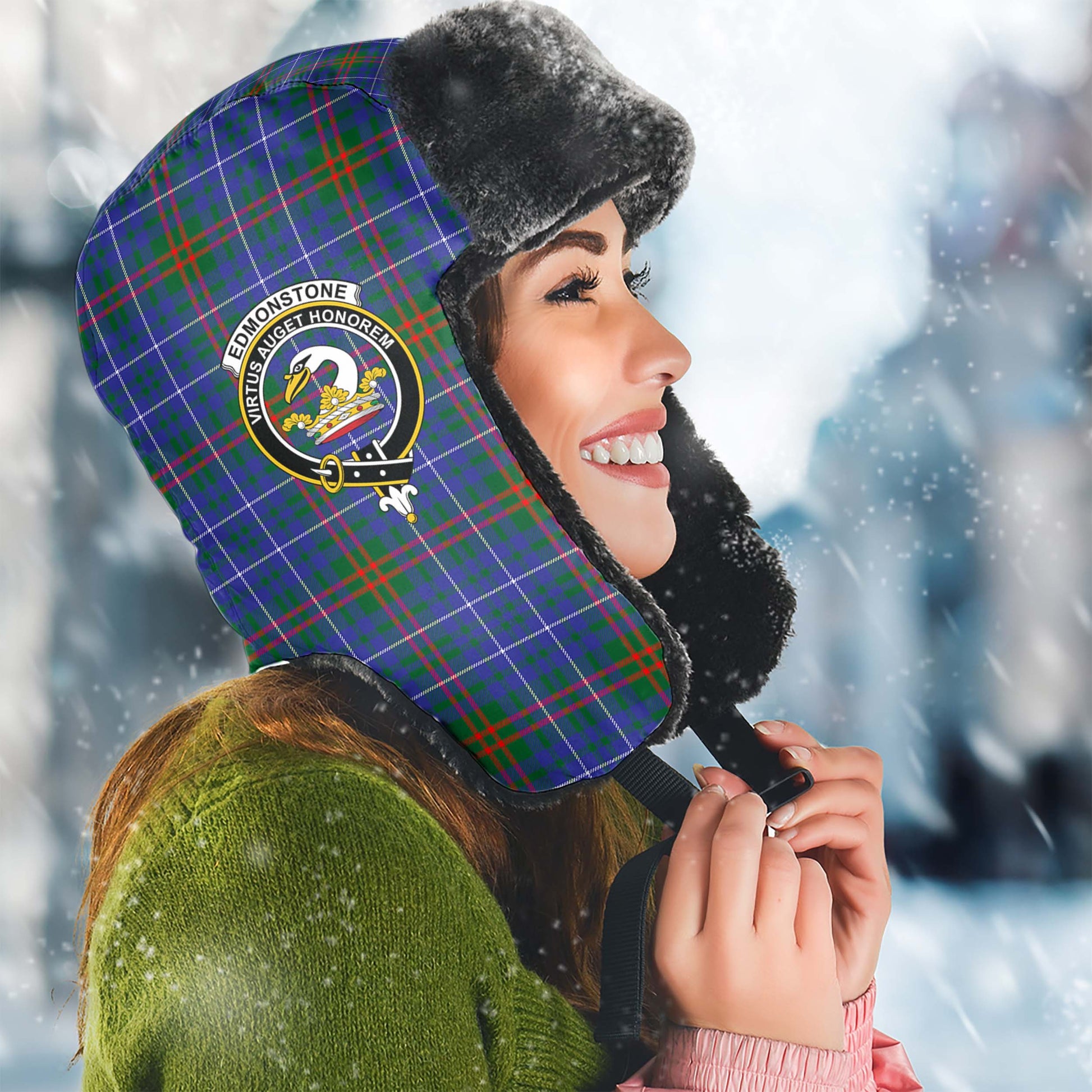 Edmonstone Tartan Winter Trapper Hat with Family Crest Winter Trapper Hat Universal Fit Circumference 22.8in (58cm) - Tartan Vibes Clothing